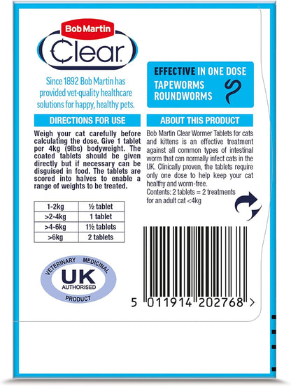 Bob Martin Clear One Dose Wormer Cat 2 Tablets