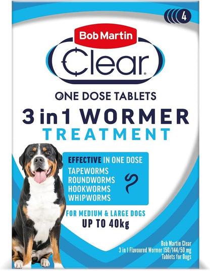 Bob Martin 3 In 1 Wormer Treatment Medium - Large Dogs Up To 40kg 4 Tablets